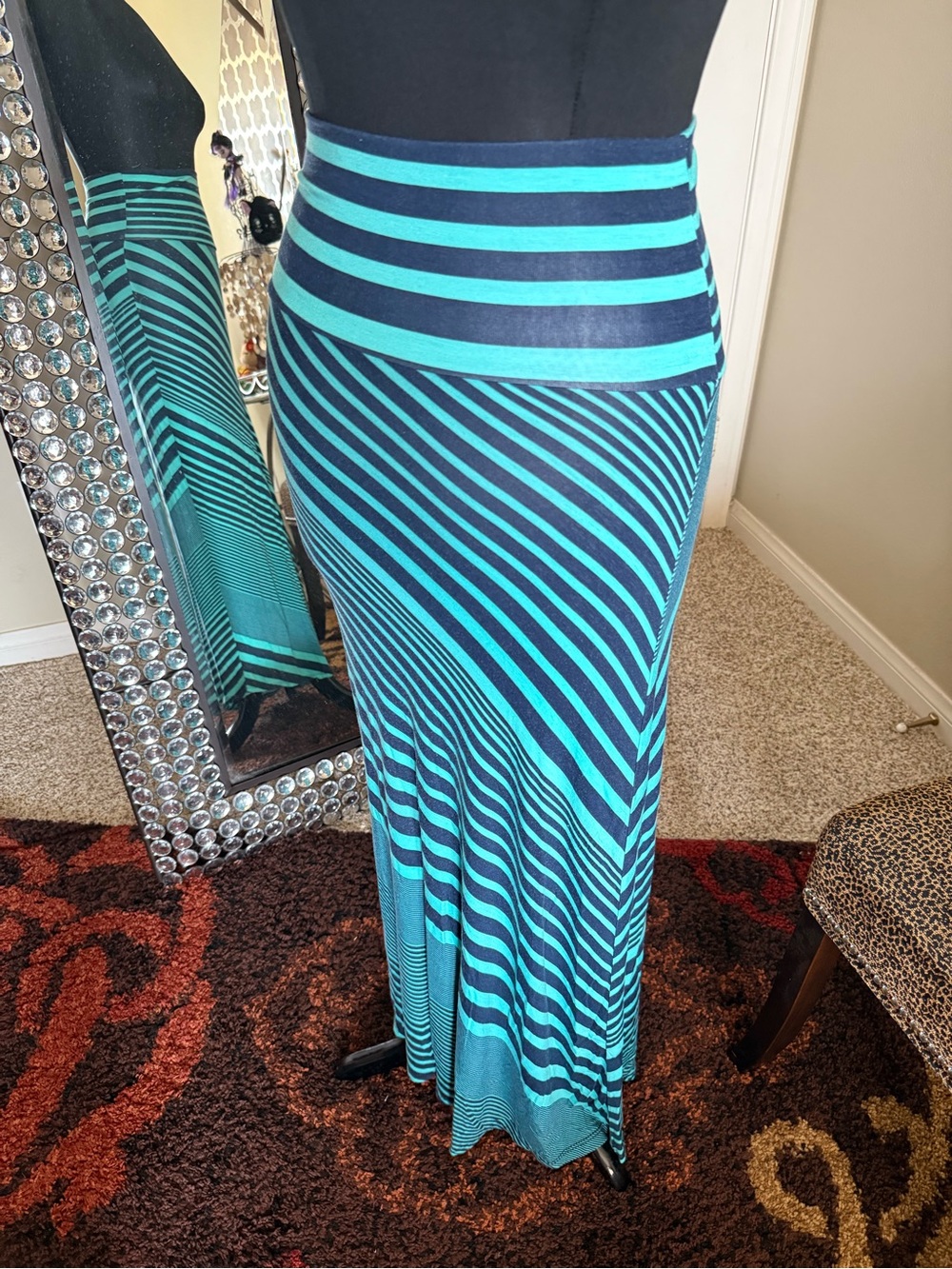Striped Teal Maxi Skirt with Navy Accents - Sleek High-Waist Style